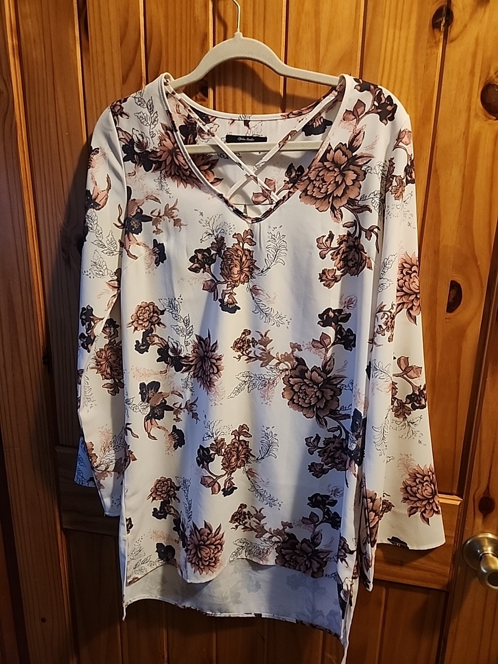 Women's Floral V-Neck Long Sleeve Top - White with Brown Floral